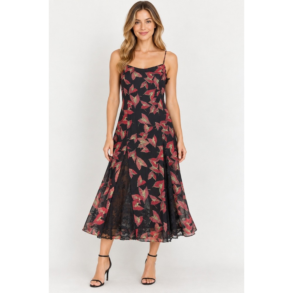 Vintage Betsey Johnson Silk Butterfly Maxi Dress Womens 6 Black Lace Y2K